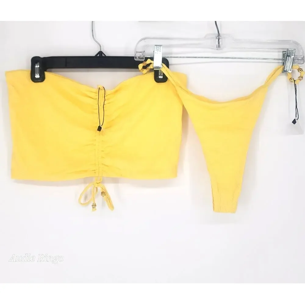 JMP The Label Yellow Textured Bandeau Bikini Set Gold Bead XL NWT